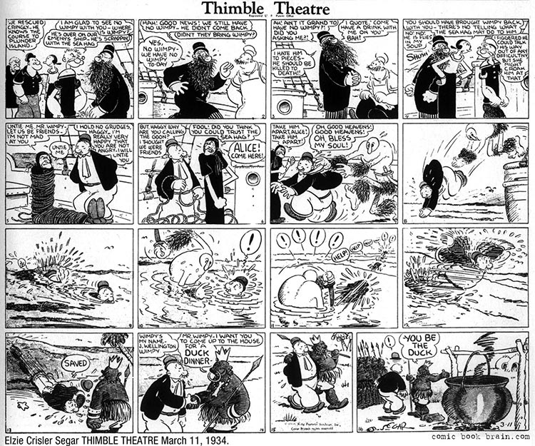 Cum arăta Popeye în 1934, alături de amicul său, Wimpy și nelipsita Olyve, în viziunea lui E. C. Segar.